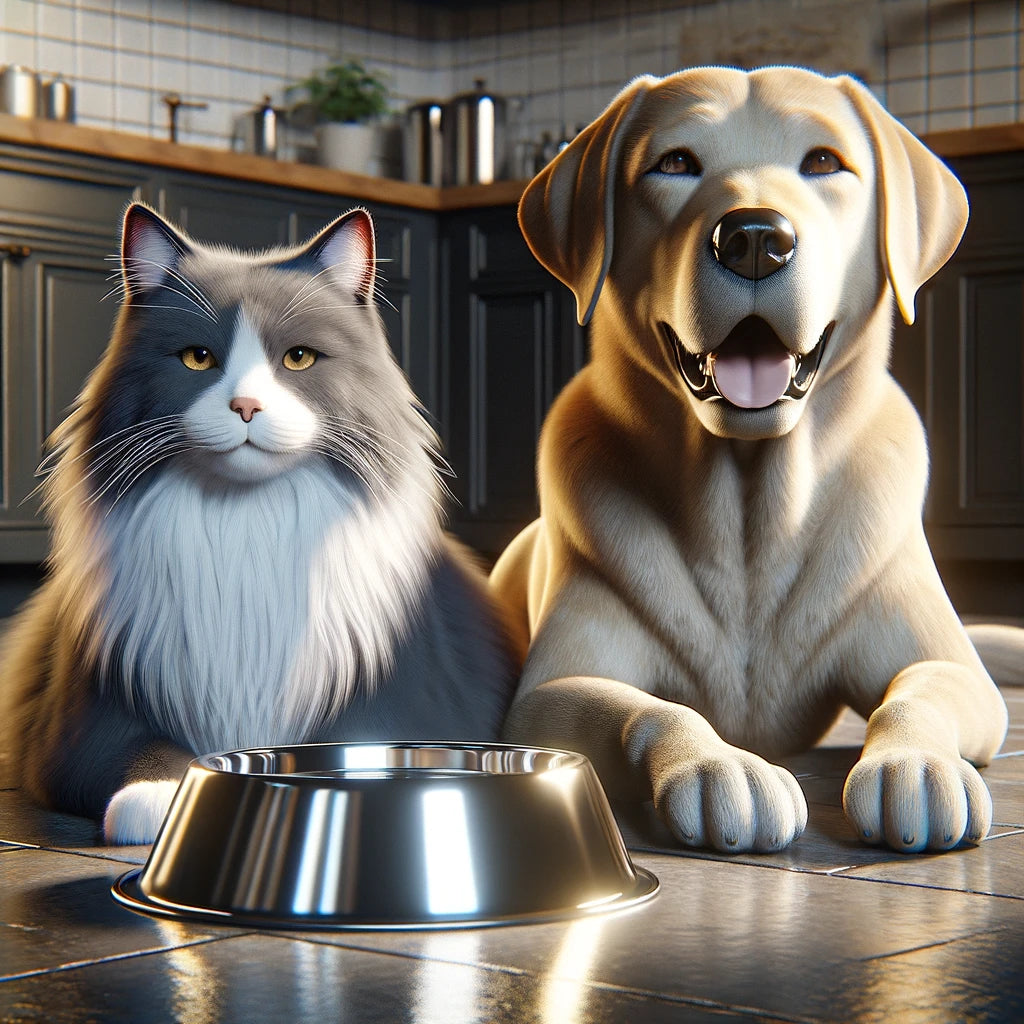 Dog and cat in front of a water bowl waiting for their Maiden Montana Pet Treats