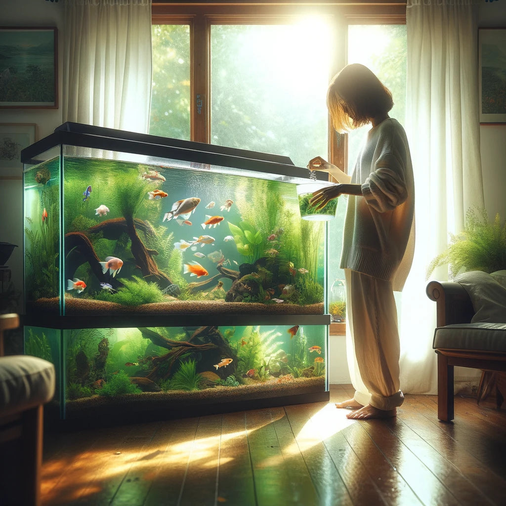 Woman sprinkling powdered freeze-dried fish food into a vibrant aquarium, showcasing the nutritional care for diverse fish species.