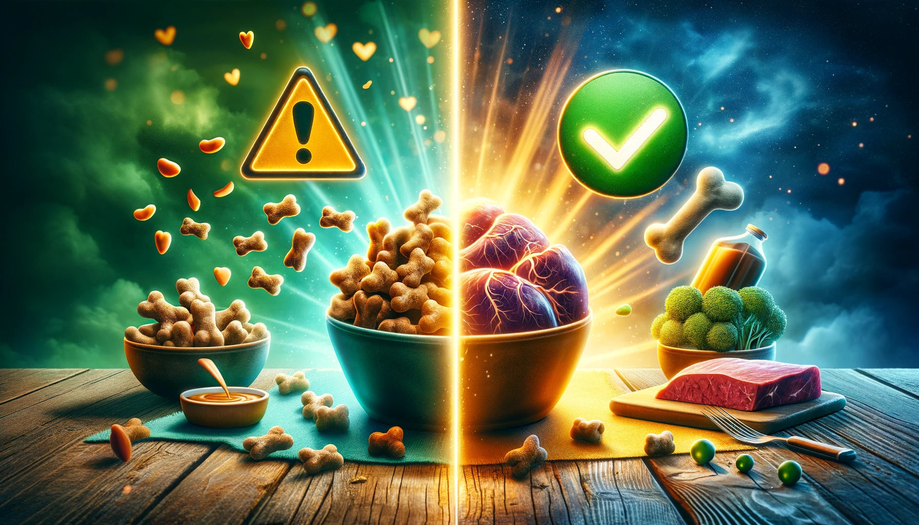 Split image, left side showing kibble and highly processed foods, compared to right image of healthy options and healthy food.