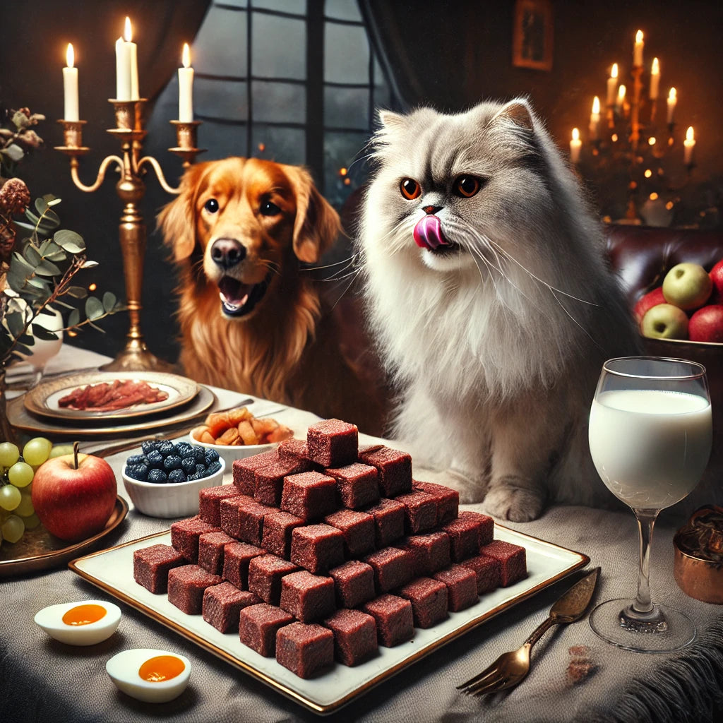 Maiden Montana Pet Treats ready for a fancy dinner with AI cat and dog enjoying a fancy meal together.