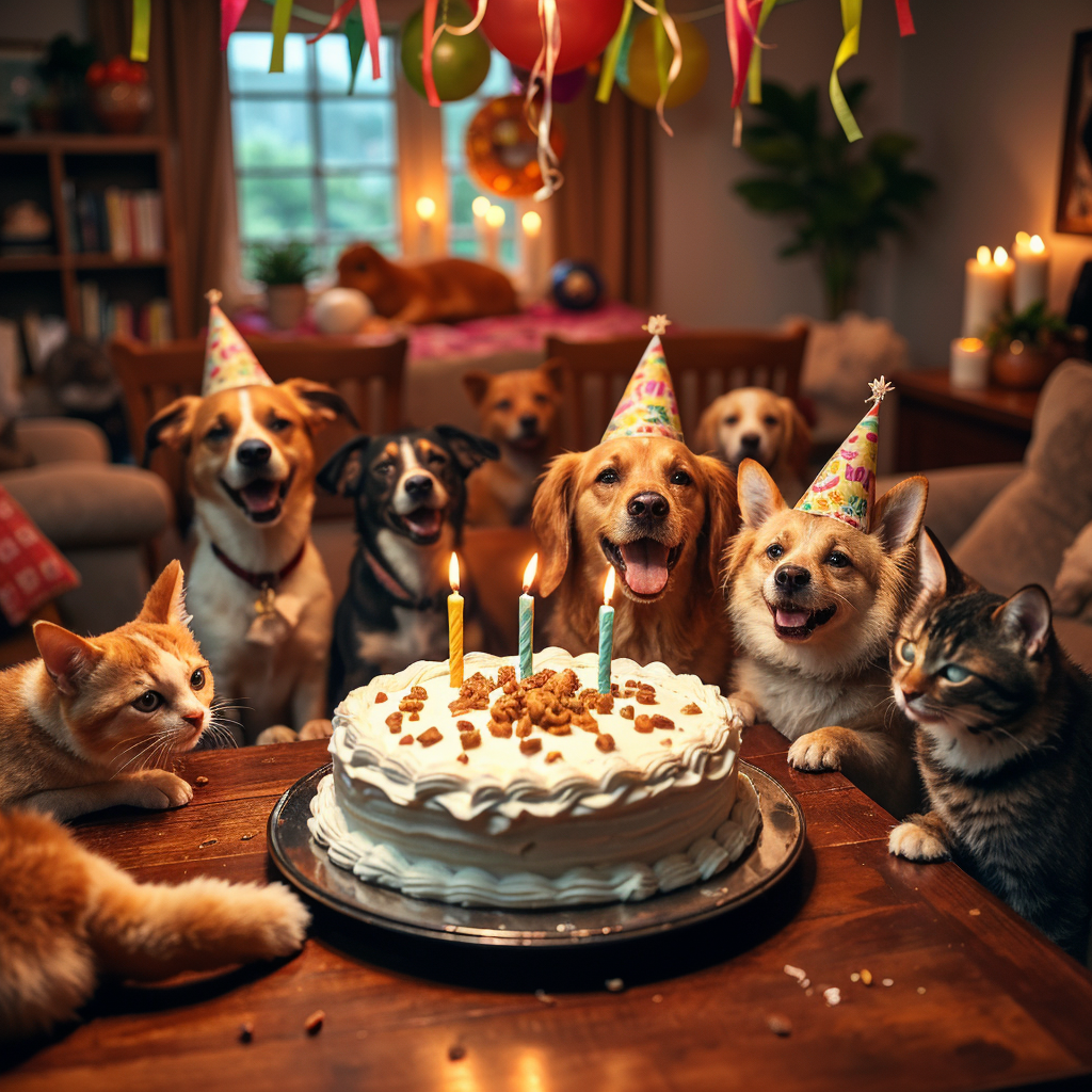 Dog Birthday Cake Recipe with Maiden Montana Pet Treats: Image shows dogs and cats around a dog-safe birthday cake made with Maiden Montana Pet Treats