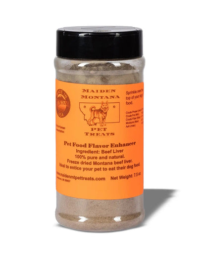 Close up of 7.5 oz bottle of Pet Food Flavor Enhancer - 100% Freeze-Dried Beef Liver Powder - Maiden Montana Pet Treats