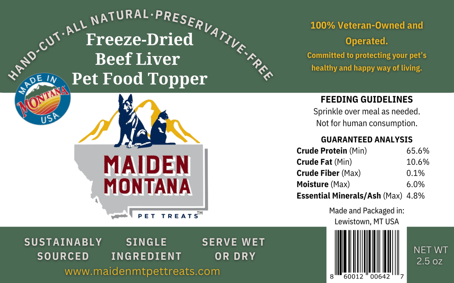 Freeze Dried Beef Liver Pet Food Topper | 2.5 oz Maiden Montana Pet Treats Label