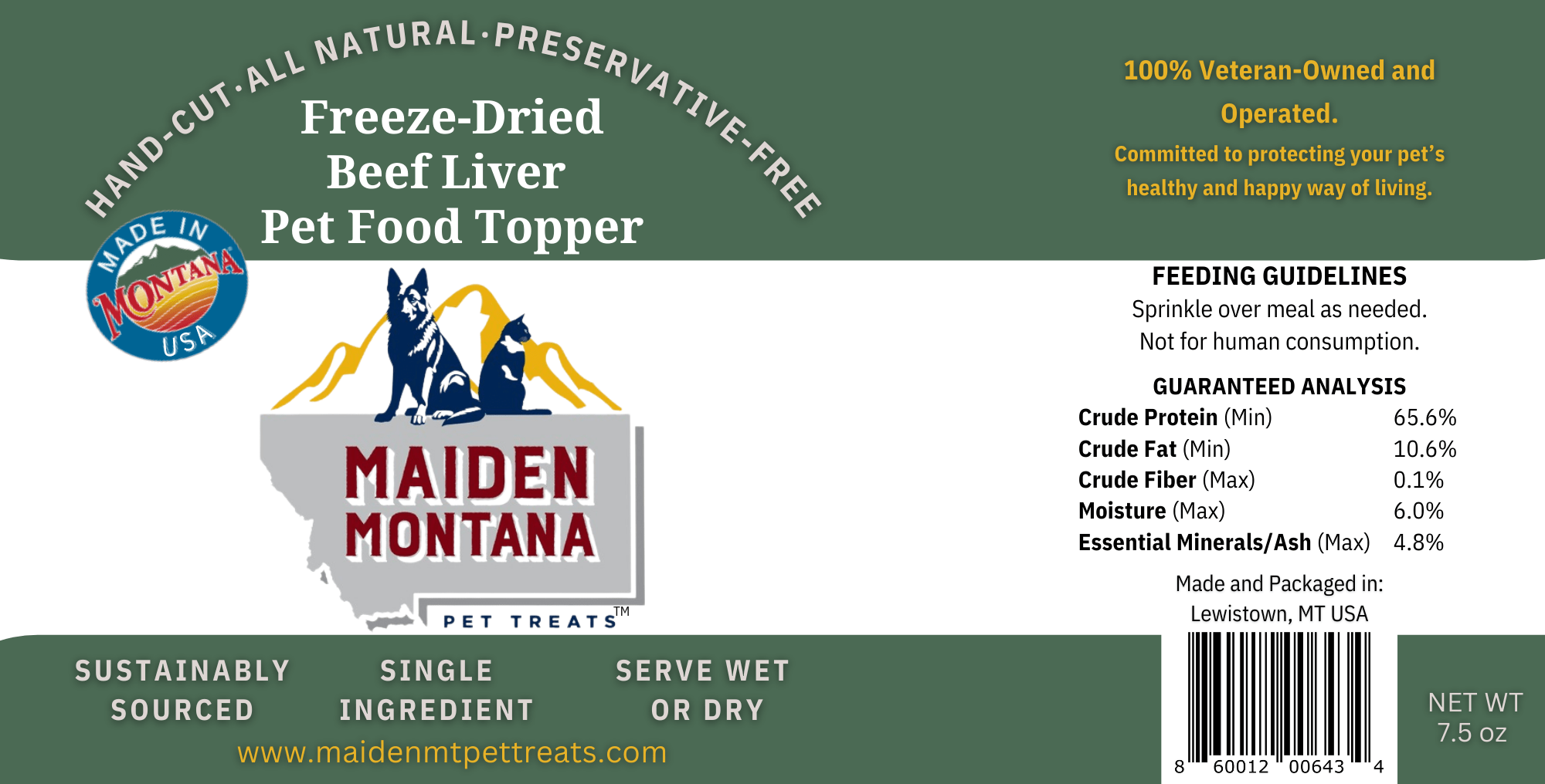 Freeze-Dried Beef Liver Pet Food Topper | 7.5 oz Maiden Montana Pet Treats Label