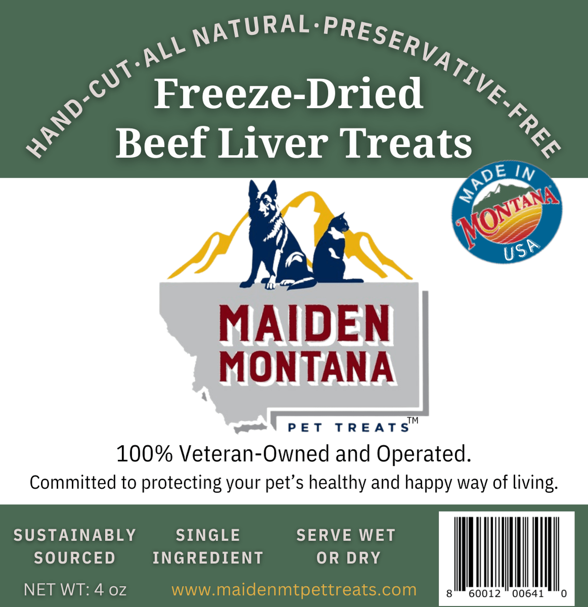 Freeze Dried Beef Liver Treats | 4oz. Maiden Montana Pet Treats Front Label