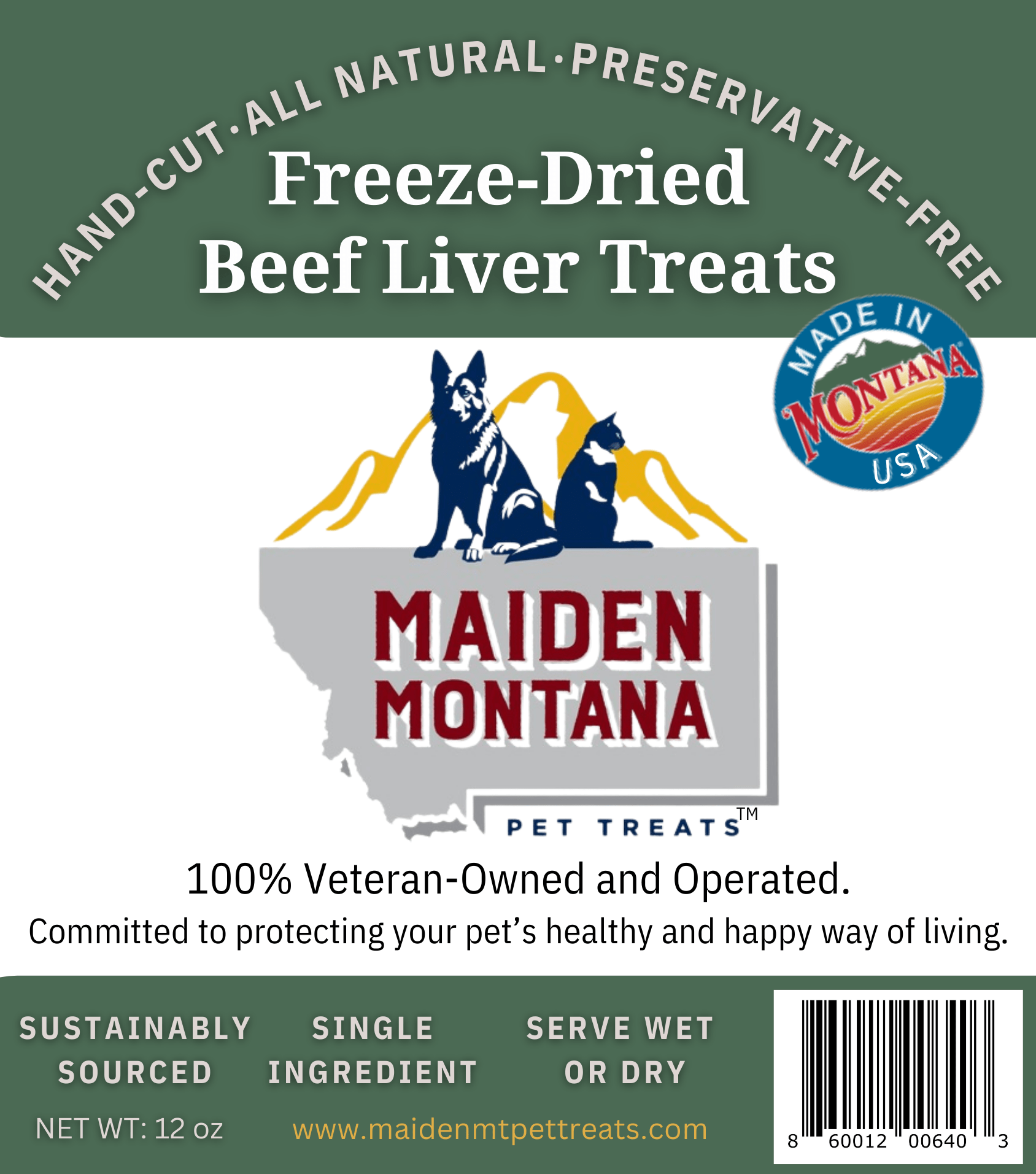 Maiden Montana Pet Treats - Freeze Dried Beef Liver - 12 oz bag of treats Label Front