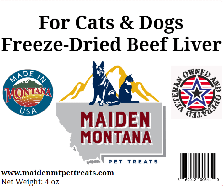 Freeze Dried Beef Liver Treats | 4oz. Maiden Montana Pet Treats Front Label