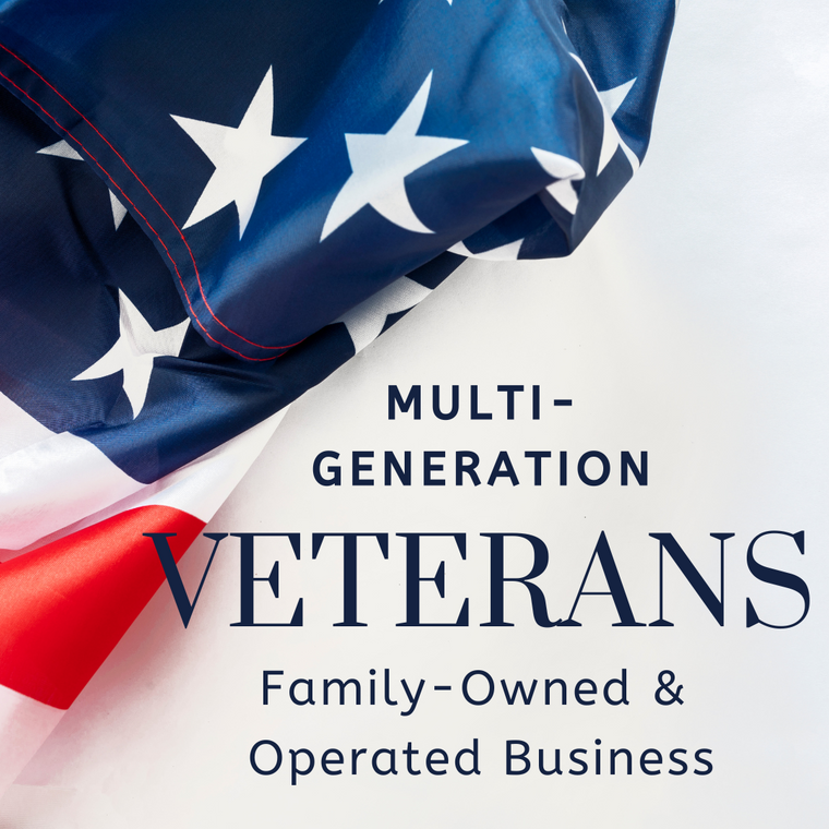 Flag draped on top left corner, text reads Multi-Generation Veterans, Family-Owned & Operated Business