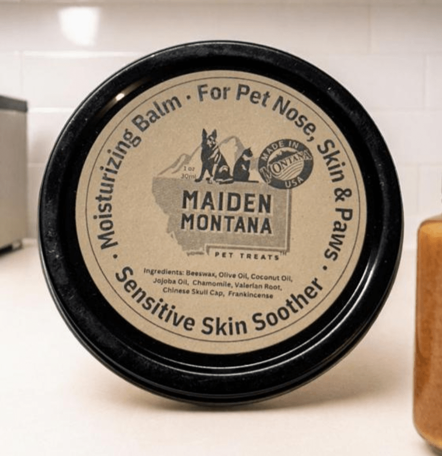 Moisturizing Balm, For Pet Nose, Skin & Paws, Sensitive Skin Soother - Ingredients: Beeswax, Olive Oil, Coconut Oil, Jojoba Oil, Chamomile, Valerian Root, Chinese Skull Cap, Frankincense