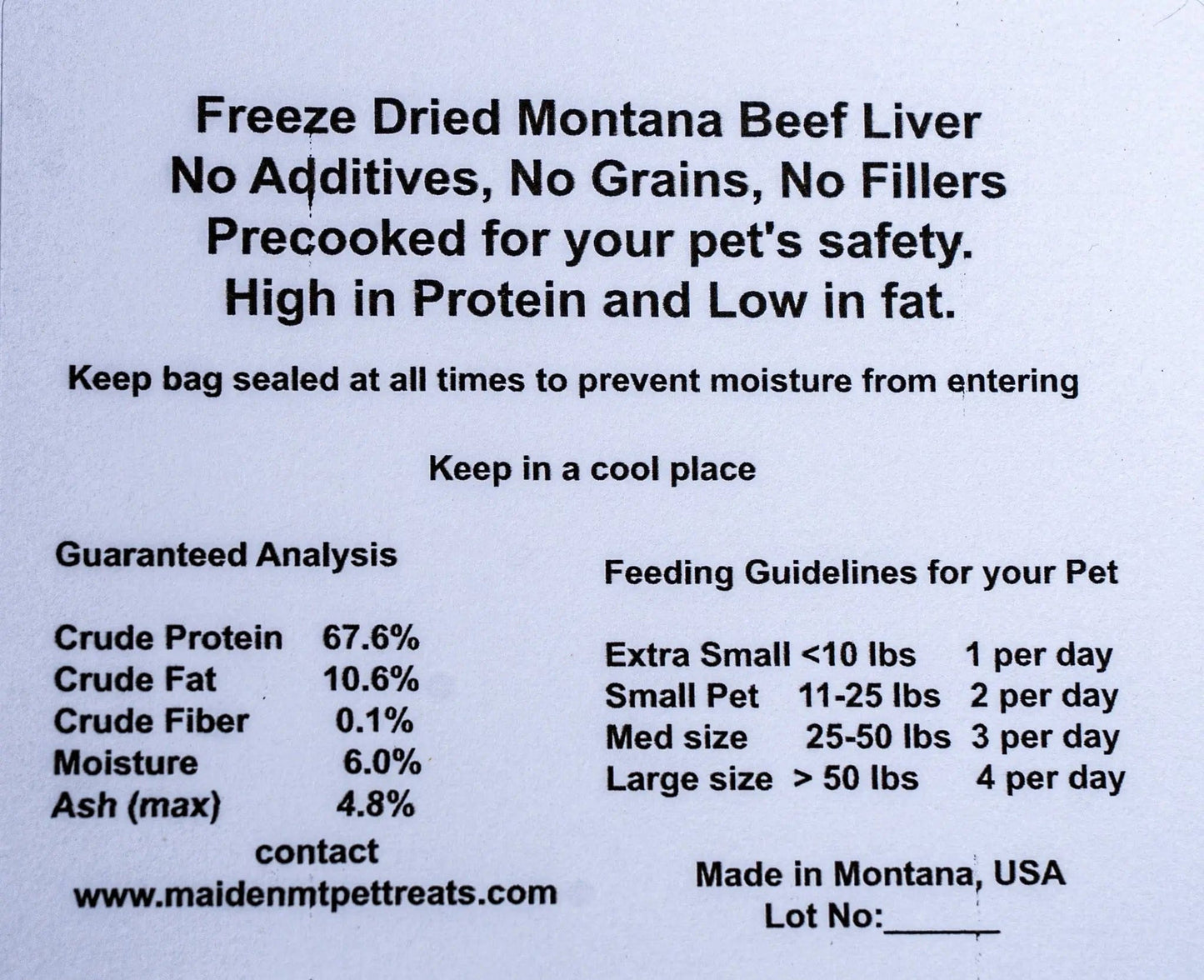 Freeze-dried beef liver treats - 4oz bag - Maiden Montana Pet Treats Label Back
